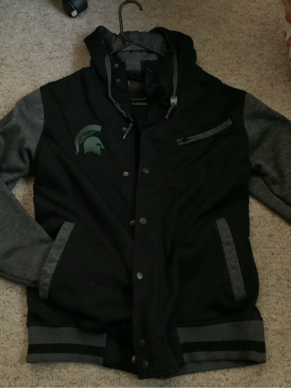 Colosseum Black and Gray Hooded Varsity Jacket with Green Spartan Logo
